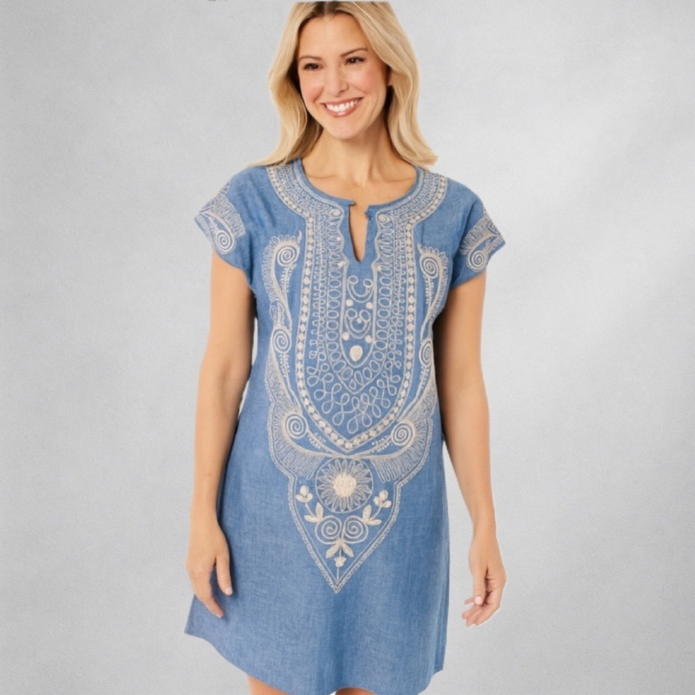 P Luka Milano Embroidered Linen Blend Dress Size M L Embossed Boho Short